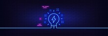 Neon Light Glow Effect. Inspiration Line Icon. Creativity Light Bulb With Lightning Bolt Sign. Graphic Art Symbol. 3d Line Neon Glow Icon. Brick Wall Banner. Inspiration Outline. Vector