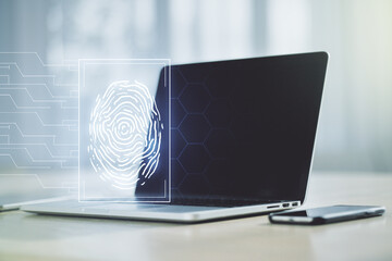 Aufkleber - Multi exposure of abstract creative fingerprint illustration on modern laptop background, digital access concept