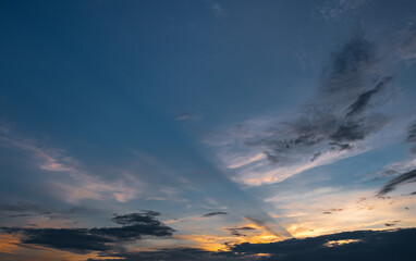 Wall Mural - colorful sunset and sunrise with clouds. blue and orange color of nature. many white clouds in the b