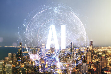 Poster - creative artificial intelligence symbol hologram on chicago cityscape background. double exposure