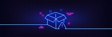 Neon Light Glow Effect. Delivery Warning Line Icon. Package Box Alert Sign. Caution Parcel Symbol. 3d Line Neon Glow Icon. Brick Wall Banner. Delivery Warning Outline. Vector