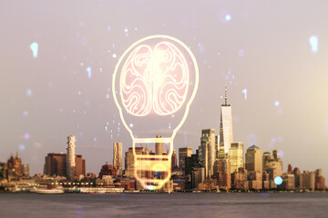 Aufkleber - Abstract virtual creative light bulb with human brain hologram on Manhattan office buildings background, artificial Intelligence and neural networks concept. Multiexposure