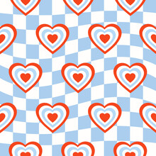 Seamless Pattern With Hearts Shaped Tunnel  On A  Blue Checkered Background. Modern Retro Hippie Illustration For Decoration. Aesthetic Vector Print In Style 60s, 70s	