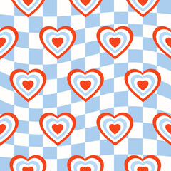 Poster - Seamless pattern with hearts shaped tunnel  on a  blue checkered background. Modern retro hippie illustration for decoration. Aesthetic vector print in style 60s, 70s	