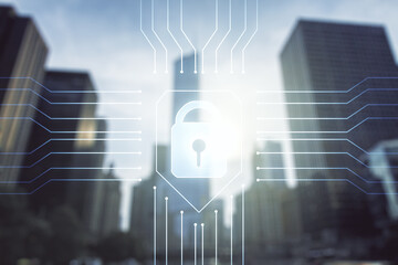 Poster - Virtual creative lock symbol and microcircuit illustration on office buildings background. Protection and firewall concept. Multiexposure