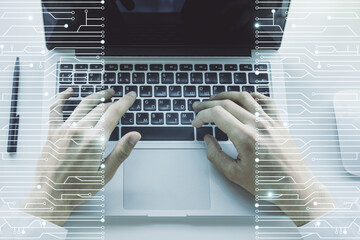 Aufkleber - Creative abstract micro chip hologram and hands typing on computer keyboard on background, artificial intelligence and machine learning concept. Multi exposure