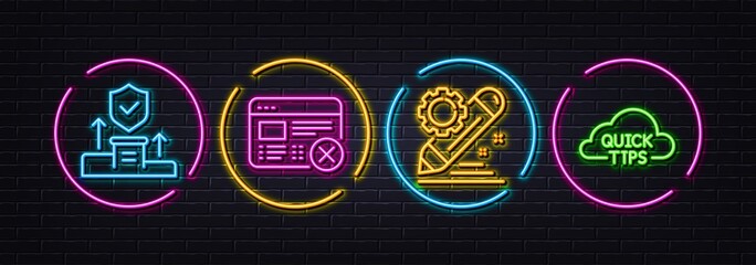 Poster - Reject web, Security agency and Project edit minimal line icons. Neon laser 3d lights. Quick tips icons. For web, application, printing. No internet, Cyber protection, Settings. Helpful tricks. Vector
