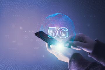 Poster - Woman using smartphone. 5G network concept with global network connection. 5G digital communication technology, Social media, IoT (Internet of Things).