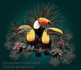 Wall Mural - Vector polygonal illustration group of Toucan birds with amazon leaves.