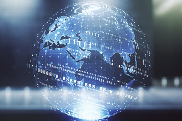 Poster - Multi exposure of abstract creative coding sketch and world map on blurry modern office building background, artificial intelligence and neural networks concept