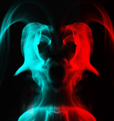 woman silhouette in bright light trails of light painting in red and blue color channel reflection s