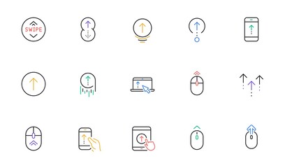 Poster - Swipe up line icons. Scrolling mouse, landing page swipe signs. Scroll up mobile device technology icons. Website scroll navigation. Linear set. Bicolor outline web elements. Vector