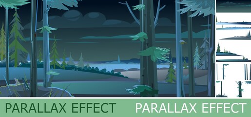 Wall Mural - night landscape with trees and fir trees with parallax effect. trunks and branches. coniferous fores