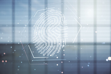 Poster - Abstract virtual fingerprint hologram on empty corporate office background. Multiexposure