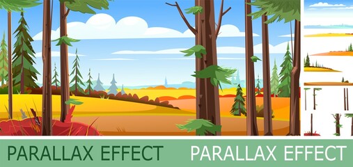 Wall Mural - autumn landscape with parallax effect. beautiful bright rural scene with orange and yellow grass and