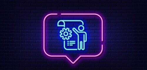 Poster - Neon light speech bubble. Settings blueprint line icon. Engineering cogwheel tool sign. Cog gear symbol. Neon light background. Settings blueprint glow line. Brick wall banner. Vector