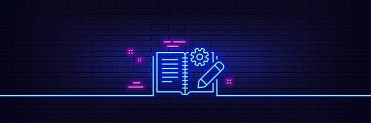 Poster - Neon light glow effect. Engineering documentation line icon. Technical instruction sign. 3d line neon glow icon. Brick wall banner. Engineering documentation outline. Vector