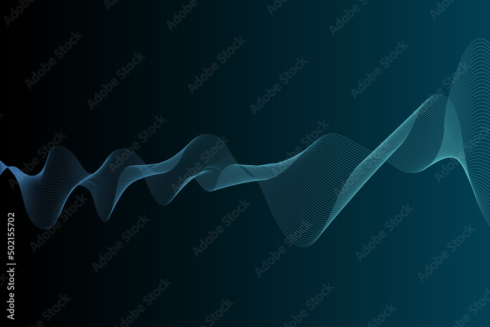 Turquoise abstract dynamic wave lines simulating a fluid on a black ...
