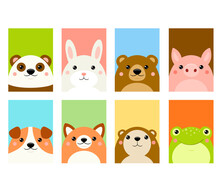 Set Of Kawaii Member Icon. Cards With Cute Cartoon Animals. Baby Collection Of Avatars With Panda, Rabbit, Bear, Dog, Fox, Frog, Gopher, Pig. Vector Illustration EPS8