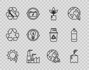 Wall Mural - Set line Solar energy panel, Sprout in bottle, Plant, Factory, Recycling plastic, Recycle and light bulb with lightning symbol, Planet earth recycling and Plastic icon. Vector