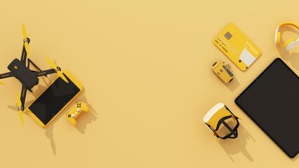 Poster - online shopping concept about electronics and gadgets in modern promotion period of new models consist of phone, vr, headphone, with drone and credit card on yellow background. realistic 3d rendering