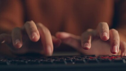 Timelapse woman’s hand typing on keyboard at night, overtime