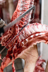 Experienced workers cutting fresh meat in a raw food processing plant. Industrial slaughterhouse worker job. Food industry business concept.