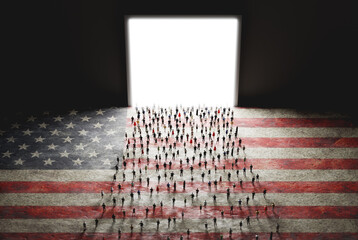 Wall Mural - people on usa flag walking to open light gate