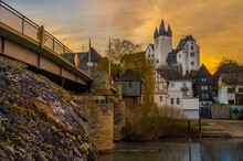 Germany, Rhineland-Palatinate, Diez, Bridge Stretching Over River Lahn At Dusk With Diez Castle In Background