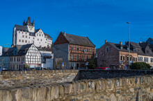 Germany, Rhineland-Palatinate, Diez,Stone Walls With Half-timbered Houses And Diez Castle In Background