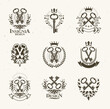 Vintage keys vector logos or emblems, heraldic design elements big set, classic style heraldry turnkeys symbols, antique secrets and locks.