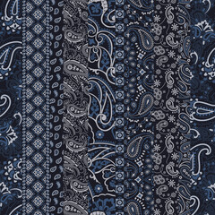 Wall Mural - blue paisley flowers bandana fabric patchwork abstract vector seamless pattern