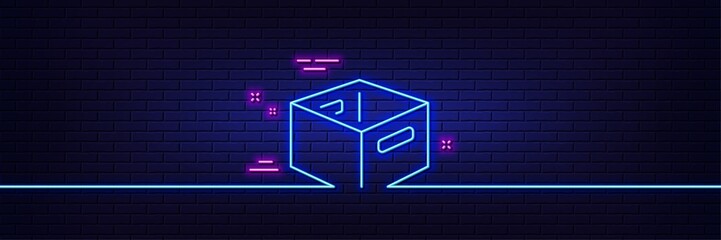 Poster - Neon light glow effect. Office box line icon. Delivery parcel sign. Cargo package symbol. 3d line neon glow icon. Brick wall banner. Office box outline. Vector