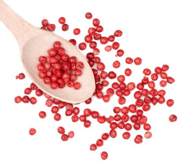 Wall Mural - Red peppers peas isolated on white, top view