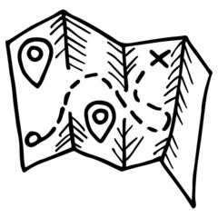 Wall Mural - Simple hand-drawn black and white linear clipart of the travel paper map. Cartoon rough vector sketch isolated on transparent background