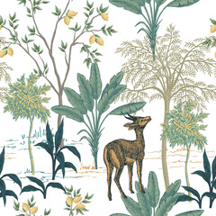 Wall Mural - Tropical ink drawn palm trees, fawn animal summer floral seamless pattern.Exotic safari wallpaper.