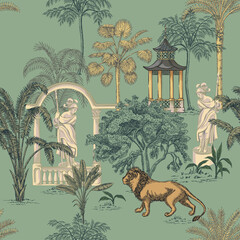 Wall Mural - Tropical ink drawn palm trees,  lion animal, pagoda, sculpture summer floral seamless pattern. Exotic safari wallpaper.