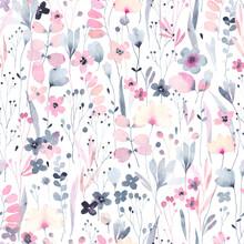 Cute Seamless Pattern With Different Wild Flowers. Watercolor Background For Fabric, Textile, Nursery Wallpaper. Meadow With Wild Flowers.