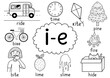 I-e digraph spelling rule black and white educational poster for kids with words. Learning i-e phonics for school and preschool. Phonetic worksheet. Vector illustration