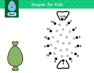 Wall Mural - Connect the dots and draw a candy. Dot to dot number game for kids. Learning oval shape activity page for preschool. Puzzle template for children. Vector illustration