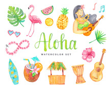 Colorful Watercolor Hawaiian Elements Set