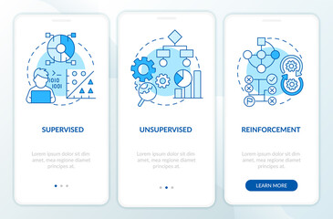Wall Mural - Categories of machine learning blue onboarding mobile app screen. Walkthrough 3 steps graphic instructions pages with linear concepts. UI, UX, GUI template. Myriad Pro-Bold, Regular fonts used