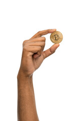 Wall Mural - cryptocurrency, finance and business concept - close up of female hand holding golden bitcoin over white background