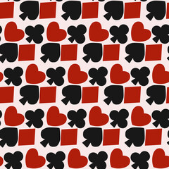 Poster - Pattern of red hearts and diamonds. Black spades and crosses. Vector and seamless decor casino pattern.
