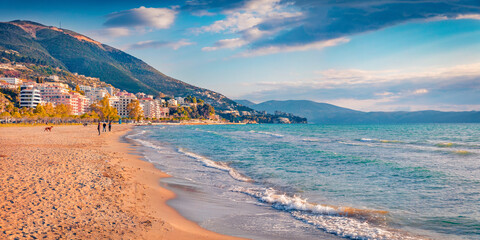 Wall Mural - sunny summer cityscape of vlore town. nice morning seascape of adriatic sea. splendid outdoor scene 