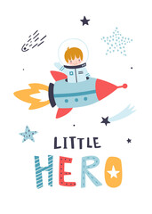 Wall Mural - space poster with little astronaut flying on the rocket. cute cosmic print with baby boy on the spac
