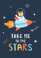Wall Mural - space poster with fox astronaut flying on the rocket. cute cosmic print with spaceship and lettering