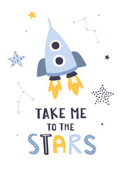 Wall Mural - scandinavian space poster with rocket and lettering. cute cosmic vector print for nursery wall art.