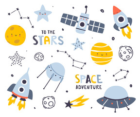 Wall Mural - cute outer space set. cosmic scandinavian vector collection. doodle space stickers bundle.