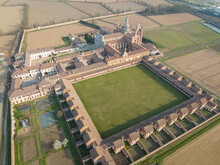 Aerial View Of The Certosa Di Pavia At Morning, Built In The Late Fourteenth Century, Courts And The Cloister Of The Monastery And Shrine In The Province Of Pavia, Lombardia, Italy